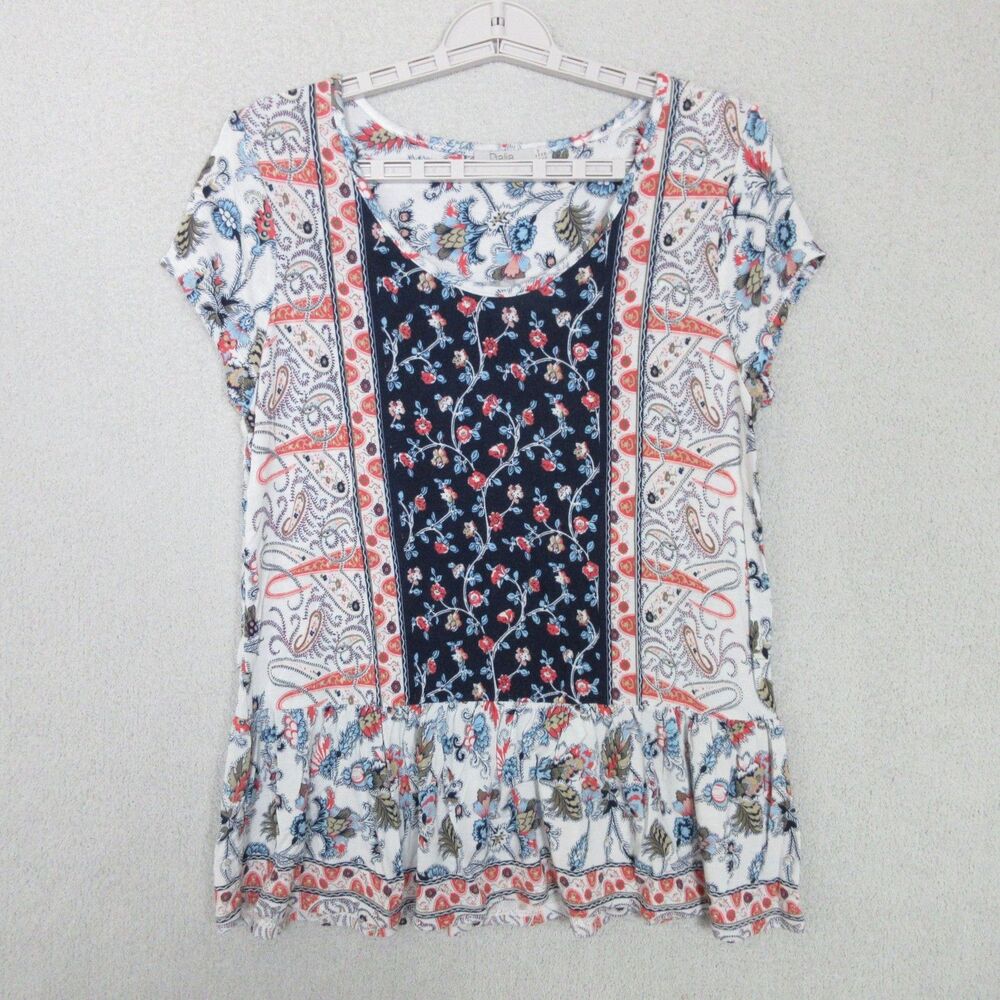 Dalia Top Womens M Floral Paisley Ruffle Hem‎ Scoop Neck Short Sleeve Boho